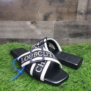 Christian Louboutin Black/White Logo Canvas and Leather Crossimule Flat Slides